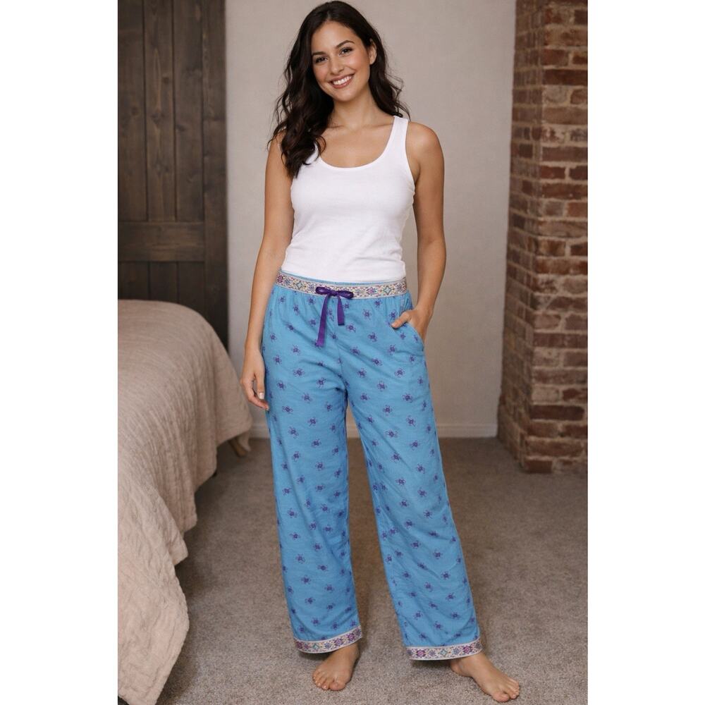 Victoria's Secret Blue Floral Pajama Pants Heritage Cotton Embroidered Hem EUC S